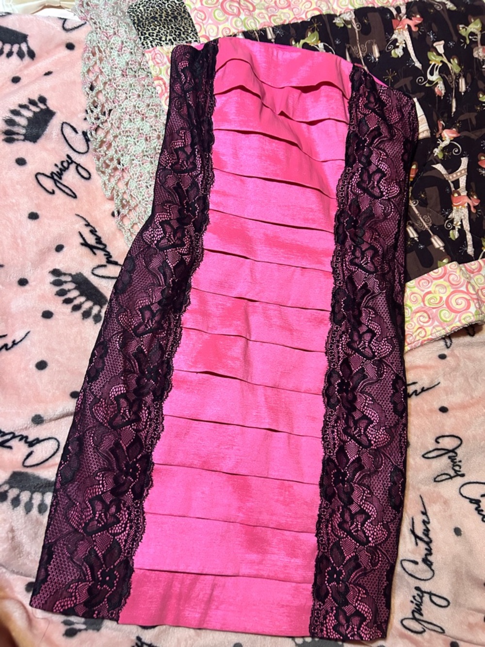 Morgan & Co. Strapless Pink and Black Lace Bodycon Dress